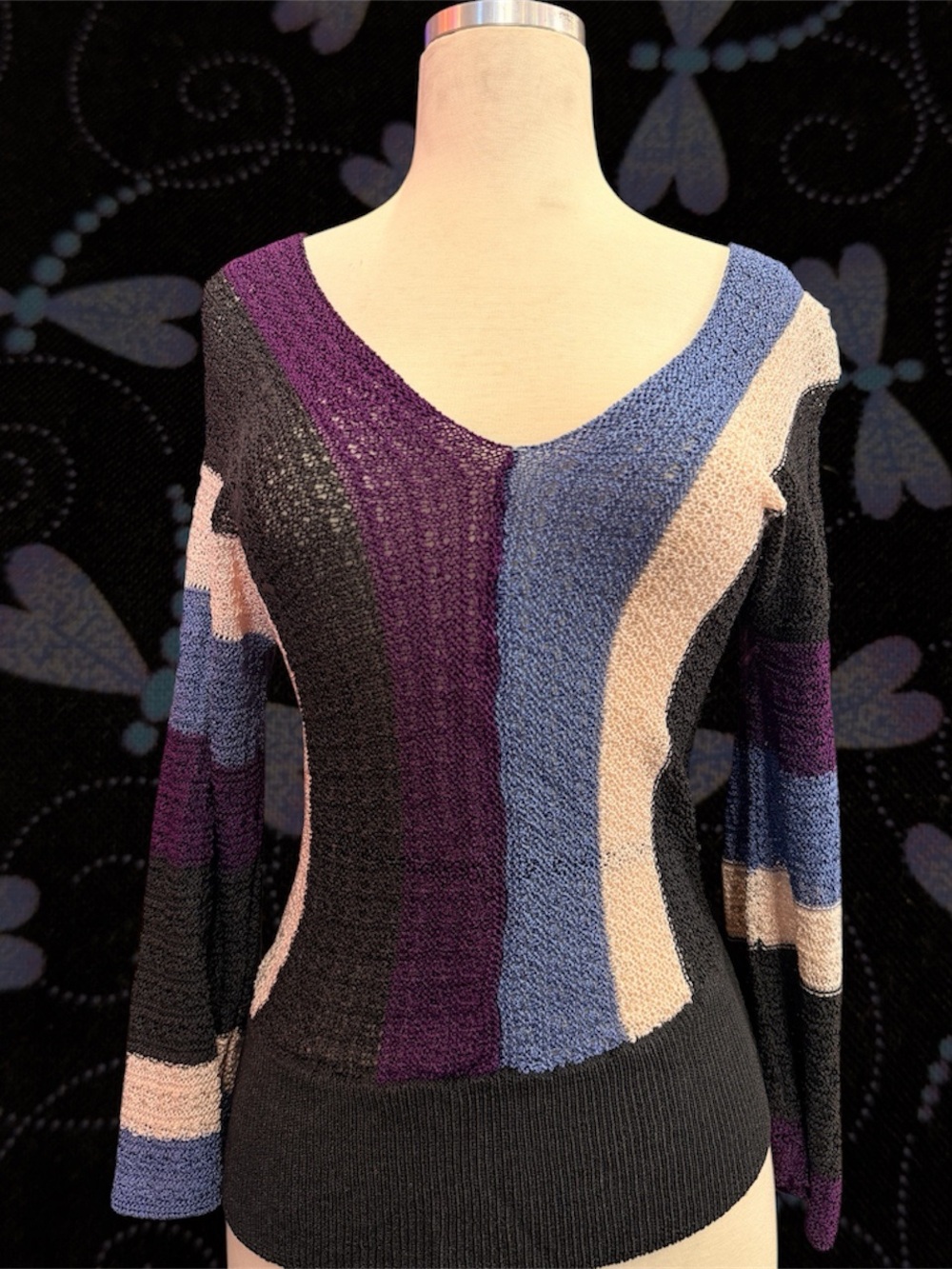 Charlotte Russe Striped V-Neck Sweater in Black, Purple, Blue & Cream